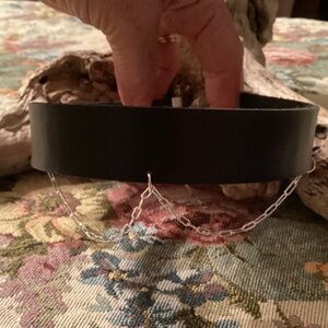 Black Leather Thick Wide Choker w/ Silver Paperclip Chain Choker 12” + 2.5”